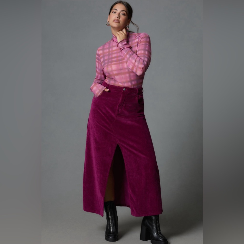 ✨ Anthropologie Madi Front-Slit Corduroy Skirt Sz 12 - Picture 2 of 7